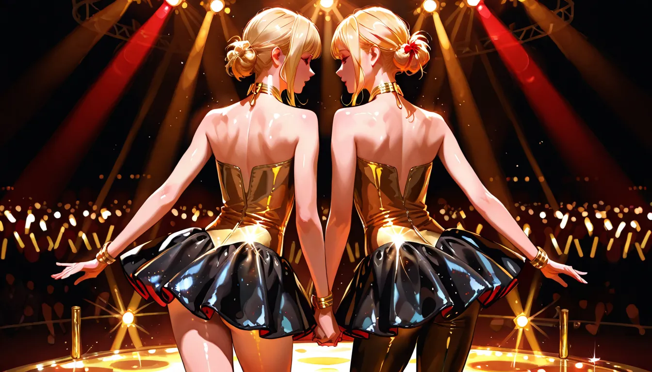 Wearing shiny gold tight miniskirt dresses, the three of them are dancing together, with different hairstyles - blonde, red and black, in the dark, with spotlights, disco dancing