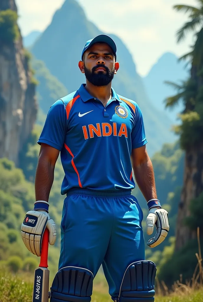 Virat kohli Waring blue team indian Jersey in a wild with bat