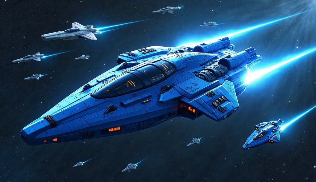 A blue spaceship in the middle of space with other spaceships in the background, stars and blue laser beams