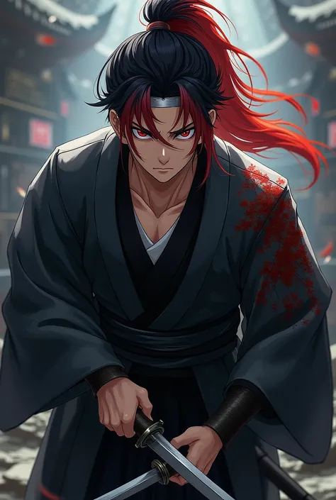 Anime style man, sales in the eyes, a red tuft in the hair, and with a samurai ponytail, And with the sword in his hand AND SAMURAI CLOTHES