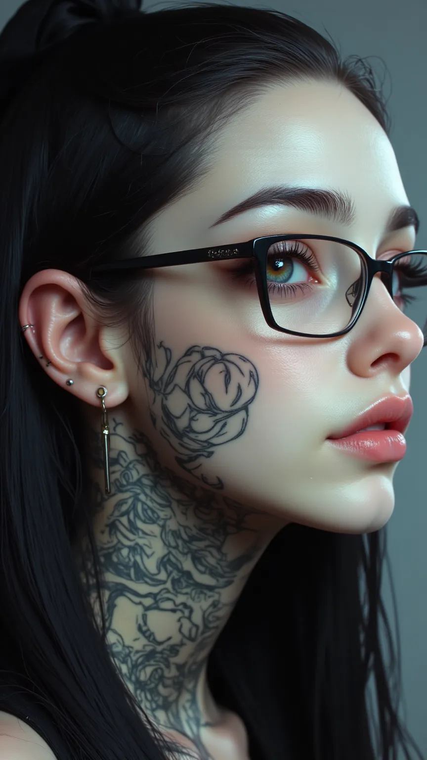 ((a woman with tattoos on her neck and face, Beautiful face of a cyberpunk girl, great digital art with details,  she wears rectangular black rimmed glasses you can see the reflection in the glasses of the glasses :1.5)), digital art.  highly detailed,long...