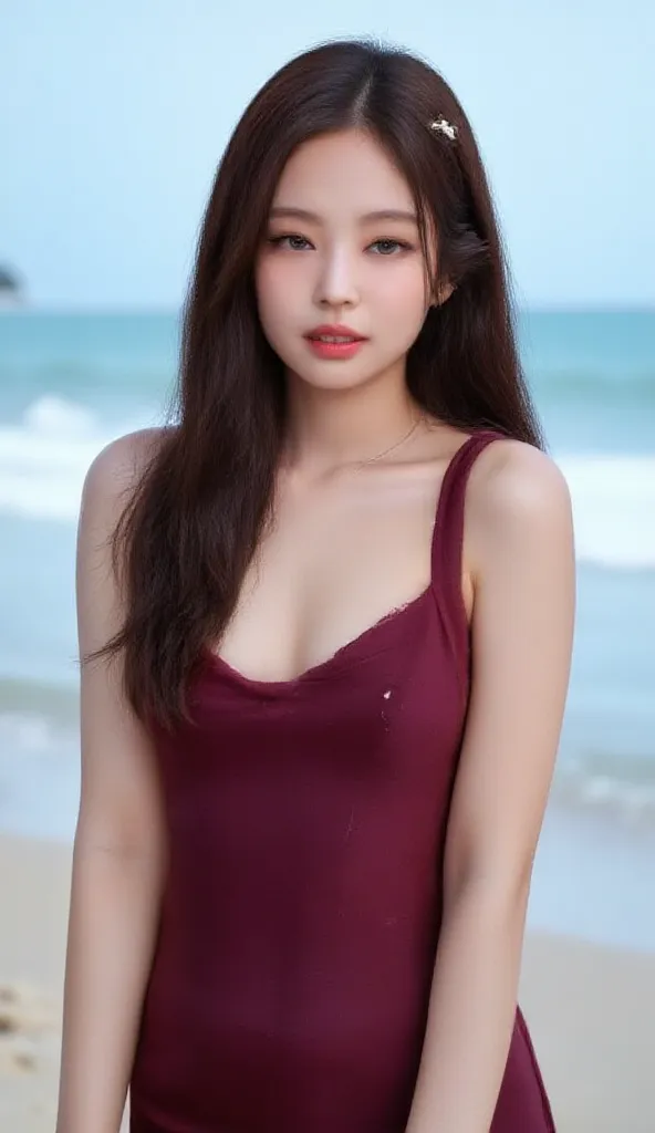 Raw photo, Real photo, a pale milky white porselin skin,like jennie kim face,  breasts, wearing shiny dark red dress, (underboob:1.2), straight long hair, brown hair, REALISTIC PHOTO, walking at the blue beach, long legs, sendals, Blush, Breasts, Hair Orna...