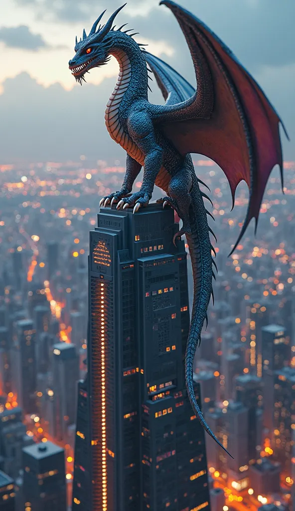 realistic rendering of a dragon perched atop a skyscraper, its scales glistening against the city lights."