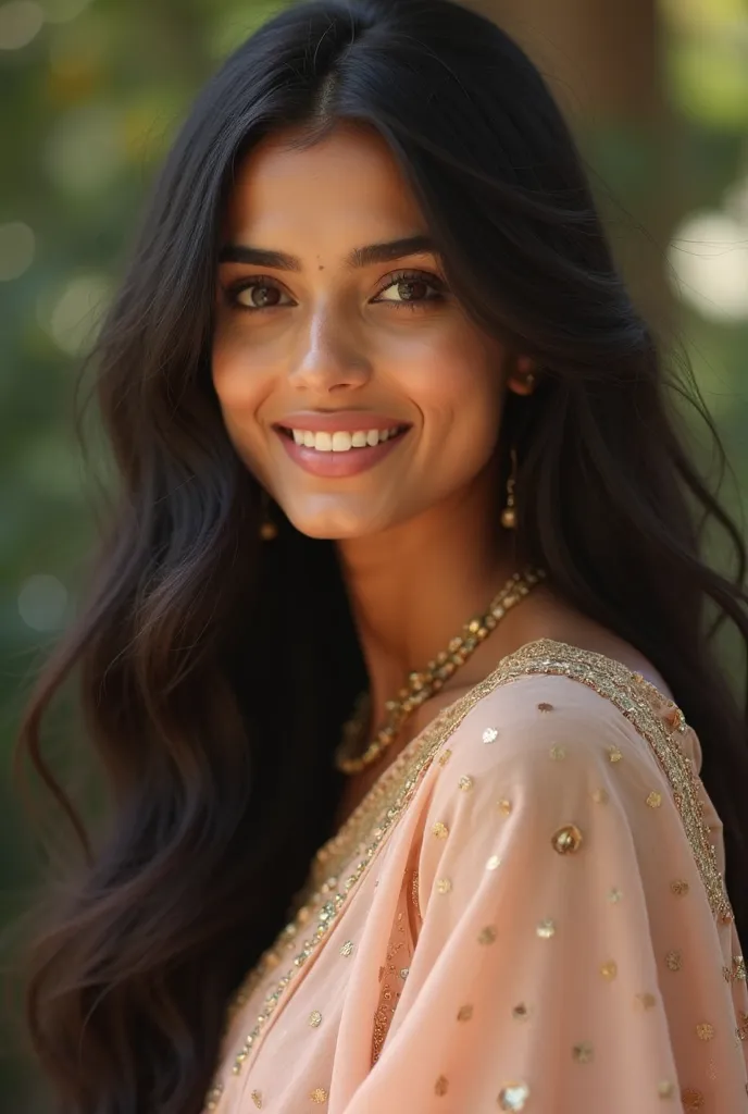 "A stunning young Indian woman with a charming smile and expressive eyes. She has long, wavy black hair that flows naturally over her shoulders. Her almond-shaped, deep brown eyes radiate warmth and confidence, framed by thick, elegant eyebrows. Her skin i...