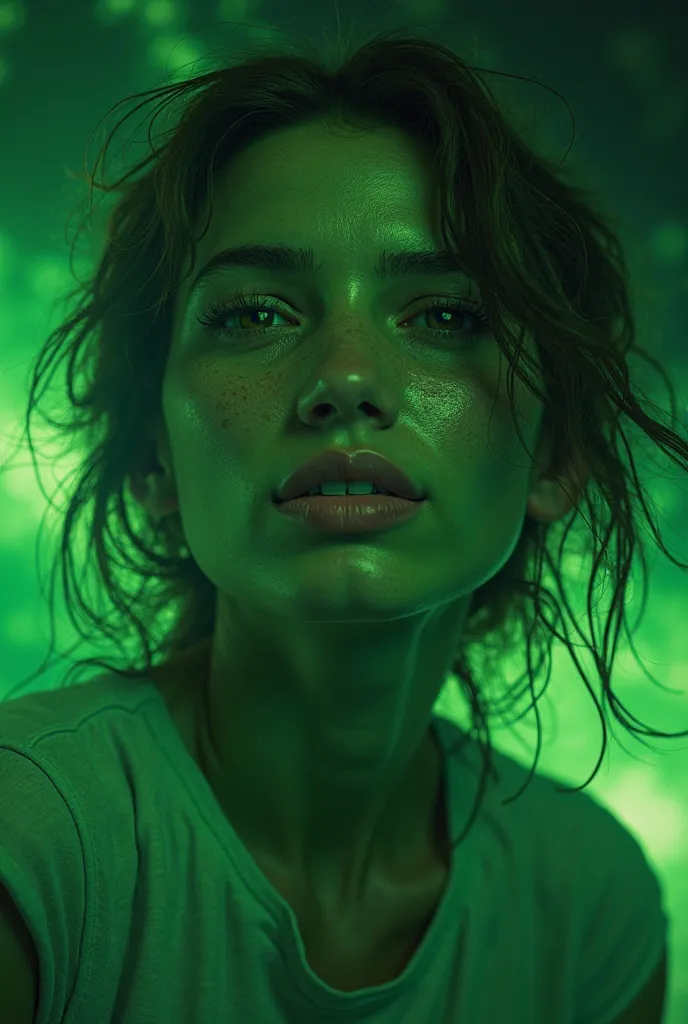 a green celebrity, realistic face, detailed green galactic space background, dynamic pose, cinematic lighting, 8K, photorealistic, HDR, physically-based rendering, vivid colors, professional digital art