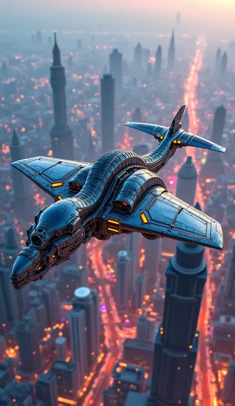 A fusion of a dragon and a futuristic aircraft, soaring above a neon-lit metropolis with mechanical wings."