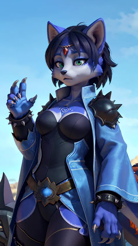 ((krystal)), Star Fox-Krystal, lovable,     green eyes, (((   Long blue hair 1  .3))),   cleavage, anthro, blurred,  detailed Fluffys fell,   detailed face , (Fluffy),      1 girl, ,woman, Goth,     green eyes, Undercut,  ultra-realistic 8k CG   ,    maste...