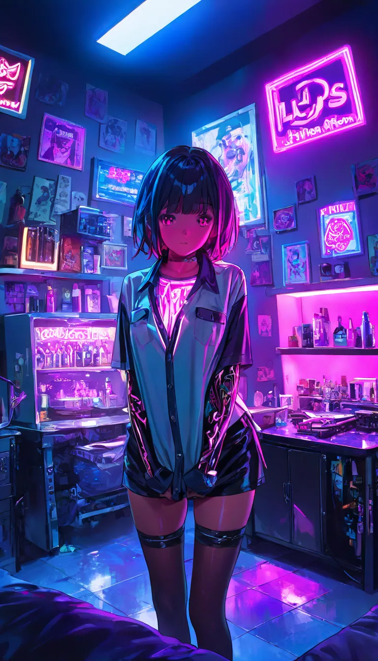 Top Quality, High Resolution, anatomically correct, Ultra High Definition, textured skin,UV Blacklight Illumination、darkroom,stockings, Shiny White Shirt 、The room was dark and had no windows..、liquor、 bedroom illuminated with black and neon lights