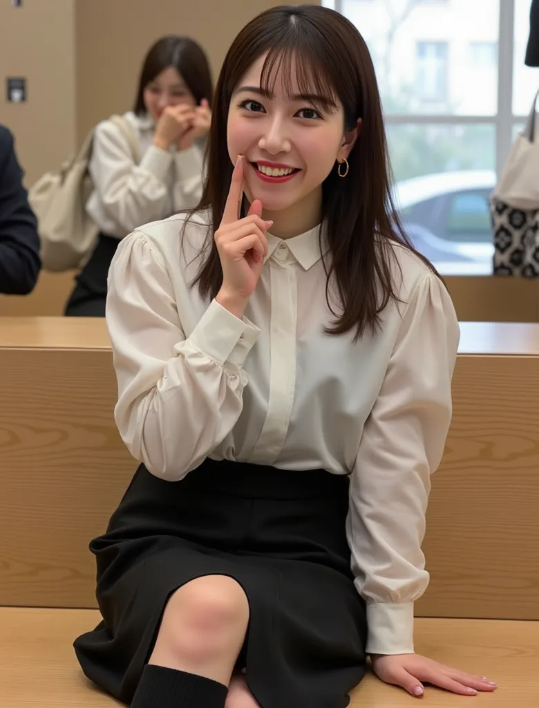 (  photorealism :1.2)、   full body image 、 汚れた socksを手でつまんでいる、Smell、beautiful日本人モデル、39; thick legs、 woman 、39;   Apple store clerk　mini tight skirt uniform   、 black high heels 、smile、  bench、  Open your legs a little 。 super realistic thick black   socks ...