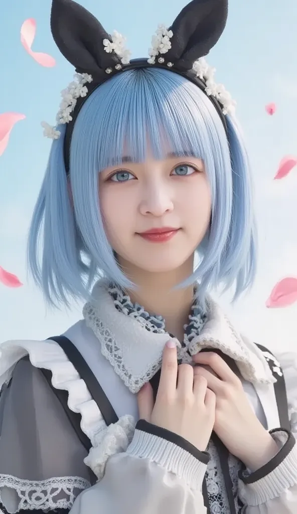 full body、short hair,  Pastel Blue Hair  、and is styled in a black headband featuring white flowers and ear-like accents.  she says 、wears black and white maid clothes that accentuate her playful and cute beauty , Decorated with lace and ribbons, in、has st...