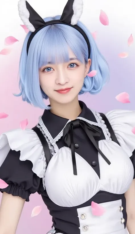 full body、short hair,  Pastel Blue Hair  、and is styled in a black headband featuring white flowers and ear-like accents.  she says 、wears black and white maid clothes that accentuate her playful and cute beauty , Decorated with lace and ribbons, in、has st...