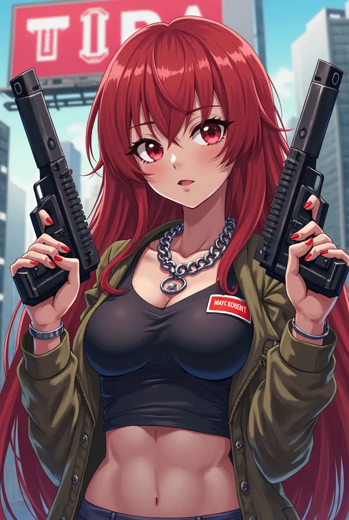 cute anime style with long red hair, full body portrait, holding two guns, zombie apocalypse theme, visible background TIRA logo billboard on top, big name tag MAYUMI-XIENT on chest and big silver necklace TIRA