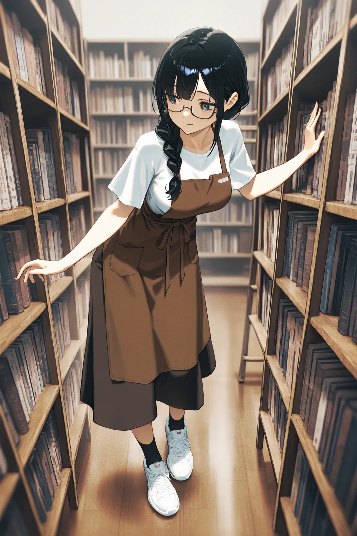 1girl, black long hair, single braided hair, under-rim eyewear, white T-shirt, simple brown apron, long skirt, socks, sneakers, breasts, gentle smile, ladder, bookshelf, bookstore, (by mika pikazo:1.0, by ilya kuvshinov:0.4), very awa, masterpiece, best qu...