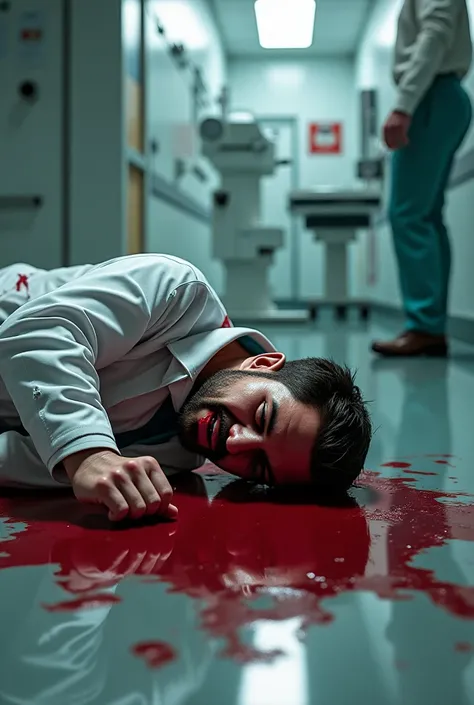 A wounded doctor on the floor with blood realistic image