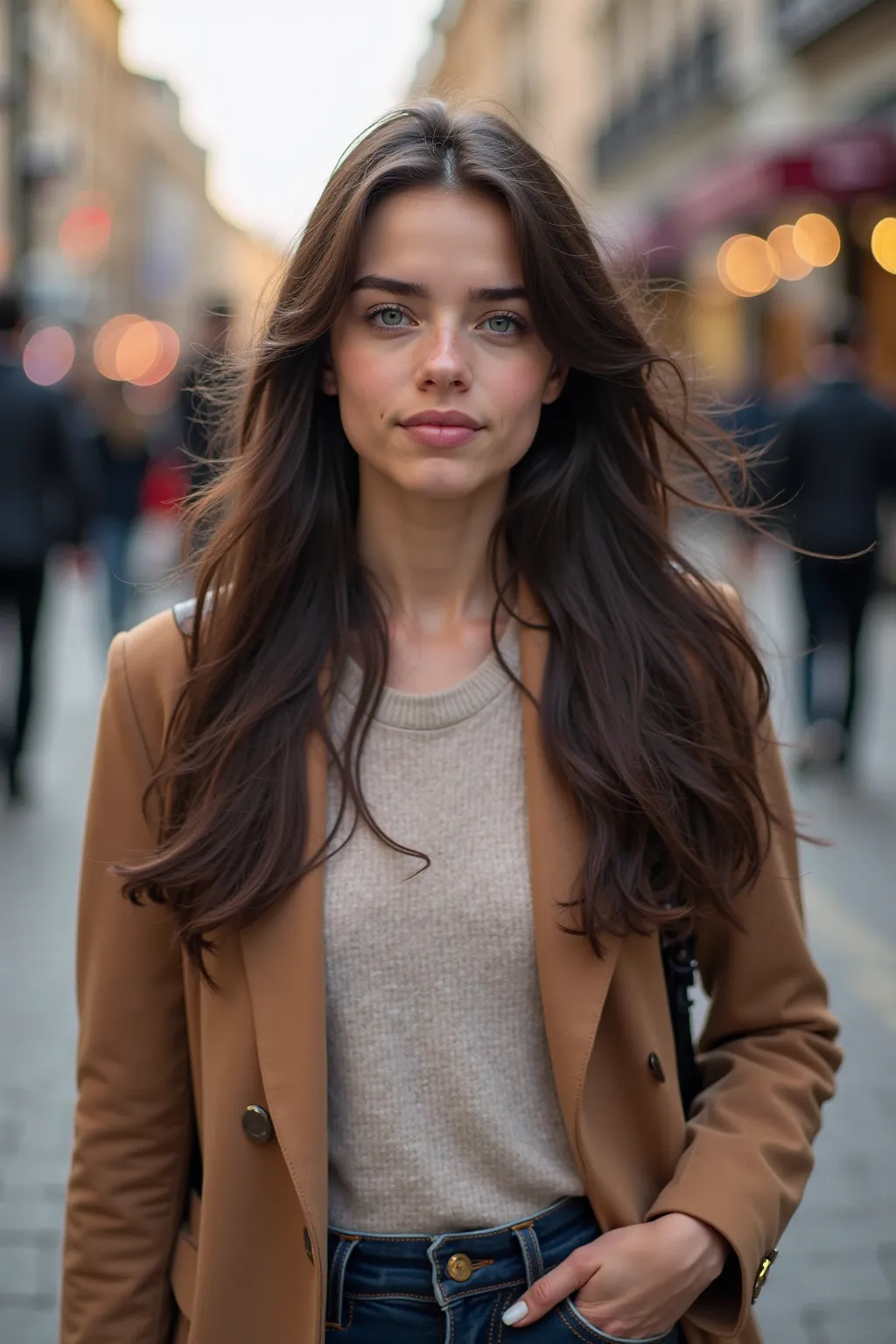 A 16-year-old woman with long dark brown hair and striking blue eyes walks through the streets of London, dressed stylishly for the day. Her face is fully visible, with no hair covering it, showcasing her natural beauty and expression.

The atmosphere is l...