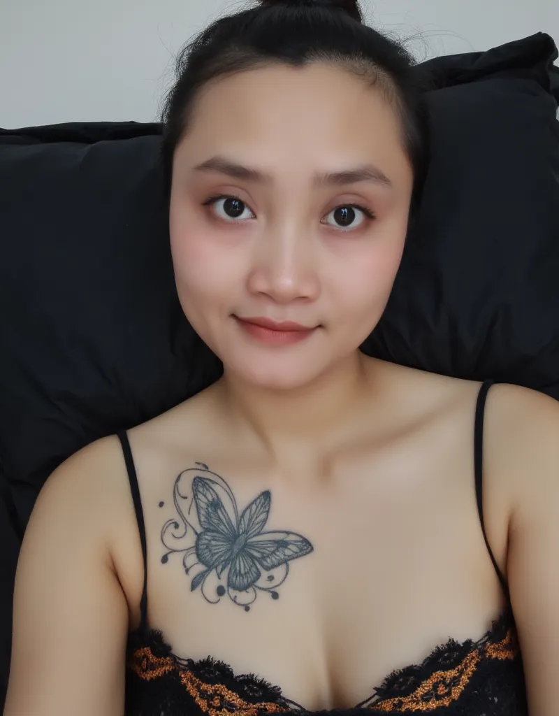 Amateur shot a pov of a instagram selfie. A breathtaking Indonesian woman, approximately 26 years old, with long black hair neatly tied into a high ponytail. She has a soft smile on her red lips, a fit and toned physical appearance with firm rounded breast...