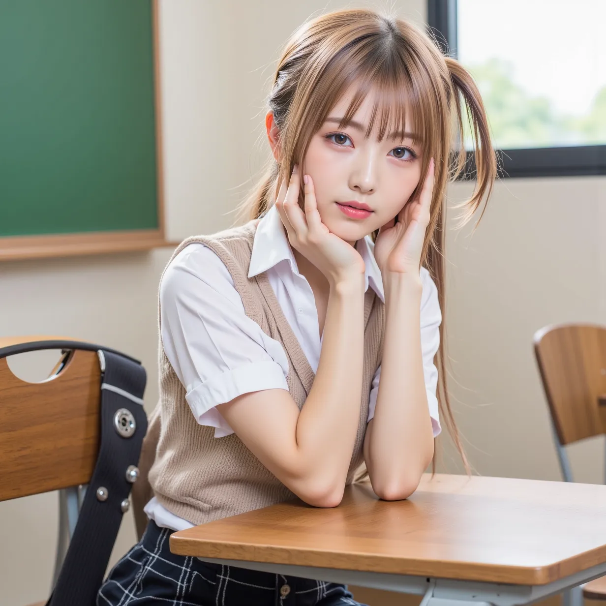 (( black plaid skirt ,school uniforms,white shirt with brown sweater vest,short sleeve)),((full body)),8K wallpaper,((blonde hair)), hair that flutters in the wind, hair hanging over shoulders, ((folding ponytail)),((Sit on a chair, place your elbows on yo...