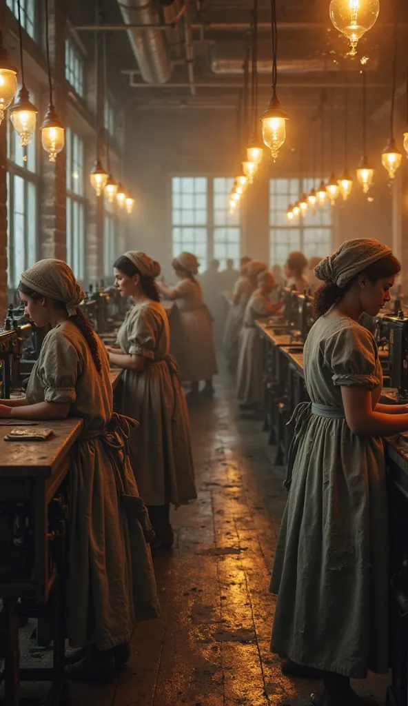 A scene inside a factory textile in New York at the beginning of 20th century, set between 1900 and 1908.  young women, some age girls, they work long hours on industrial sewing machines under the yellowed lights of incandescent bulbs. Wear long, simple co...