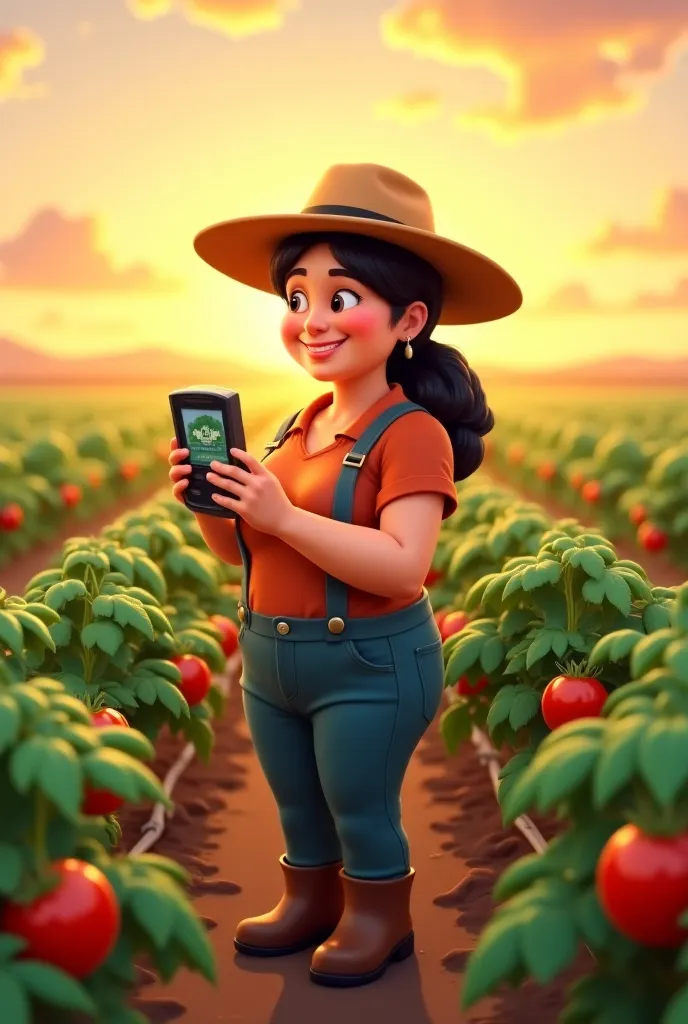 Animated image of chubby agronomist woman working with GPS in a field of tomatoes watered with drip tape looking at the horizon at a beautiful sunset