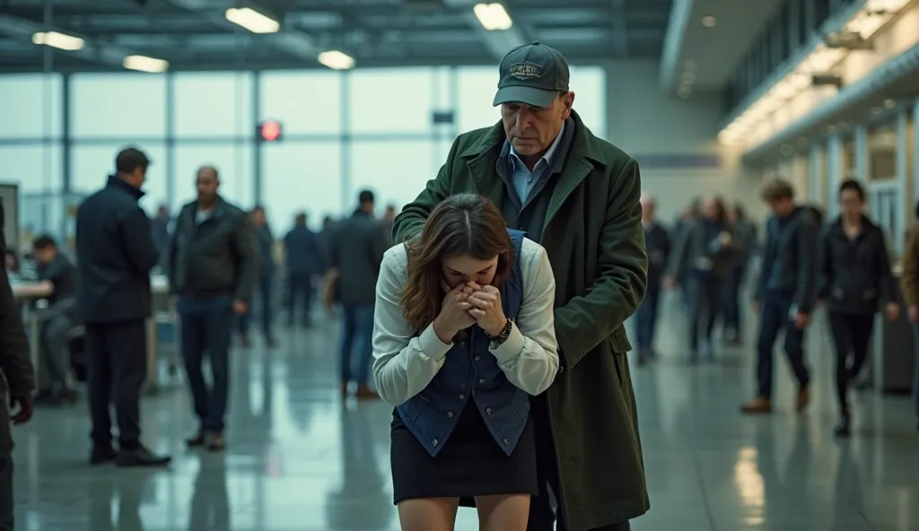 A tense and dramatic scene inside a busy airport terminal, featuring a middle-aged man with a stern expression, wearing a dark green coat and a baseball cap, holding a female airport employee hostage. The man stands behind her, one hand gripping her should...