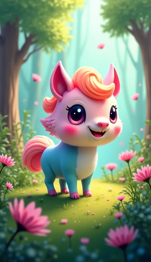 Cute flobblecranium pastel color mixed fluffy horse playing in the forest