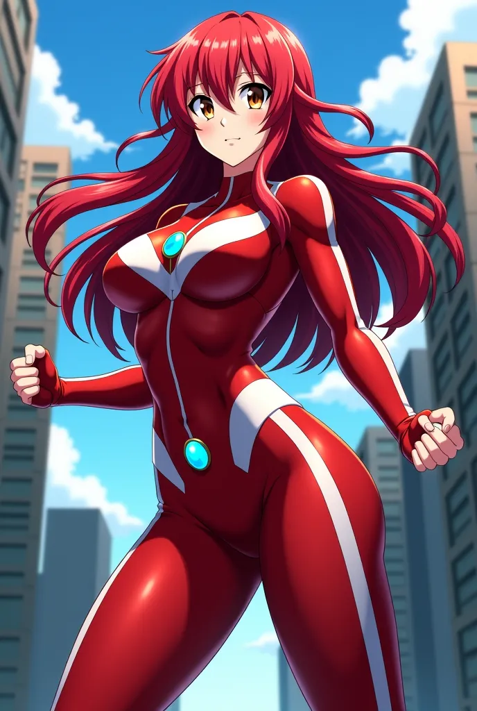 My Hero Academia Style , Anime girl, female, young female ,Full Body Shot,(fighting Pose:2),Long hair, Red Hair,  Brown Eyes,Hero Suit, Full Body Suit, red suit with white details,small round blue jewel in the center of the chest, perfect anatomy,  Toughen...