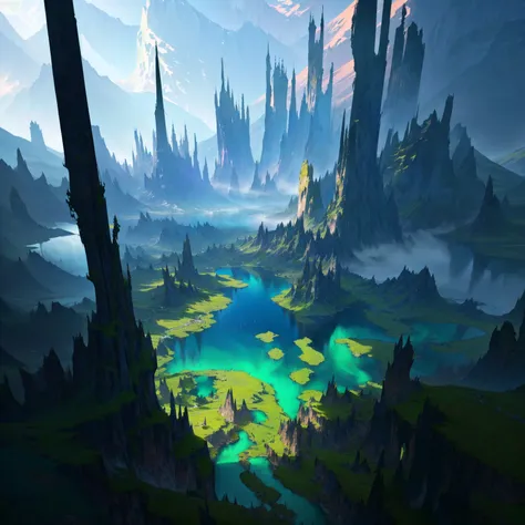 arafed view of a lake surrounded by trees and mountains, matte painting arcane dota pixar, concept art 8 k resolution, concept art 8k resolution, stunning! concept art, lush alien landscape, beautiful alien landscape, metaverse concept art, beautiful conce...