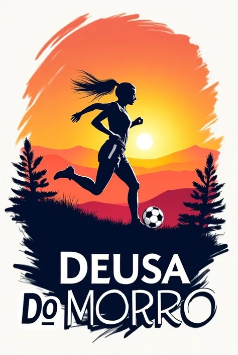 Logo with the name Deusa do Morro Fc,  with an image of a woman playing ball on the hill in a sunset mood