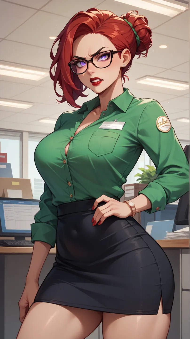 nsfw, tall girl, throw,  employee,  Angry Face, Shoulder-length red hair,  rectangular glasses , standing, Lilac eyes, red lipstick, short black skirt,  heavy breasts, black eyeliner, green shirt jacket, in an office.