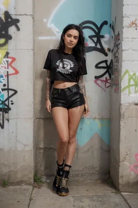 (1girl), medium breasts, tan, dewy skin, sweaty skin, wavy black hair, punk tshirt, punk girl, doc Martens shoes, seductive smile, stand next to a wall, graffiti 