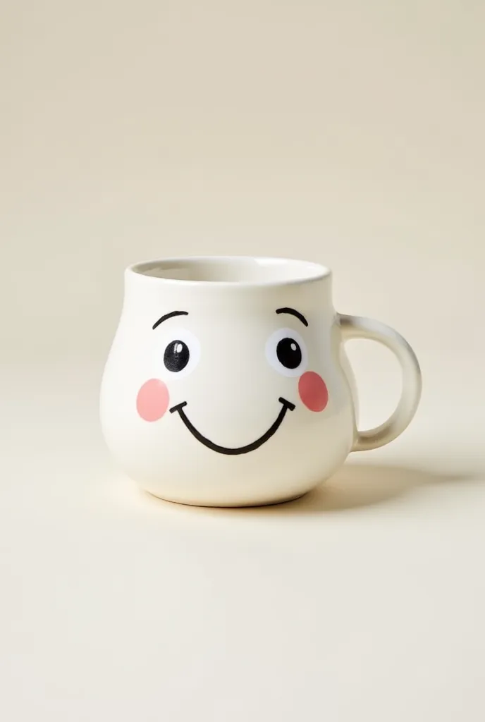 A white coffee mug with a cheerful face