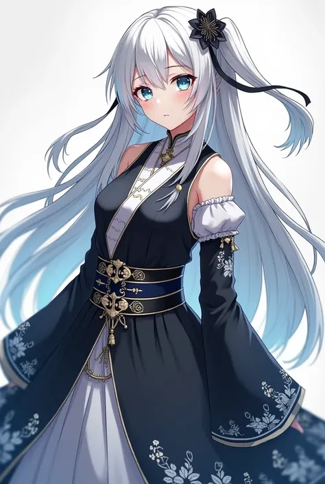 a beautiful adult woman, in full body, with long white hair,  pele negra, slightly large sky blue eyes, and with brands inspired by Ryomen Sukuna (jujutsu kaisen) In your face,  arms, but with white colors, with a dress embroidered in black and white, in a...