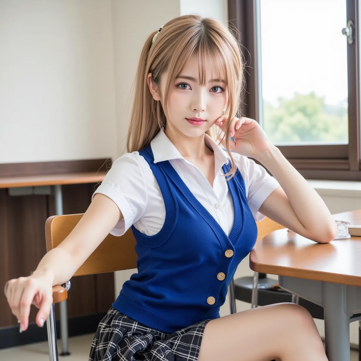 (( black plaid skirt ,school uniforms,white shirt with blue sweater vest,short sleeve)),((full body)),8K wallpaper,((blonde hair)), hair that flutters in the wind, hair hanging over shoulders, ((folding ponytail)),((Sit on a chair, place your elbows on you...