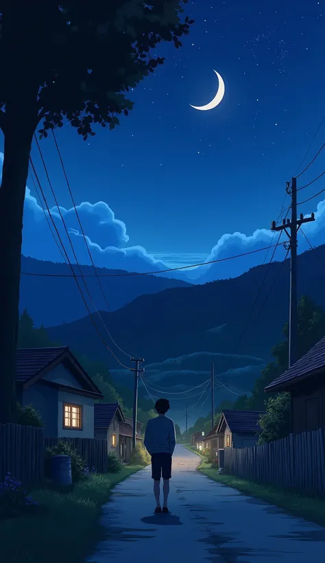 Anime-inspired digital painting of a  standing on a quiet village road at night, gazing at the starry sky. Crescent moon, cozy houses with glowing windows, rolling hills in the distance. Peaceful, melancholic atmosphere.