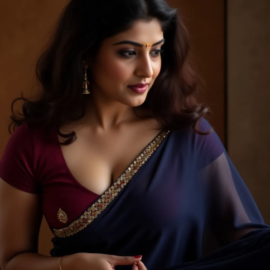 Shima is a 40 year old sexy Indian volouptous Milf, she is wearing a  low-cut maroon blouse, and a navy blue saree, showing her huge boobs almost spilling out and shows her love handles around her naval. Her hair is styled in loose waves, her boobs are 48 ...