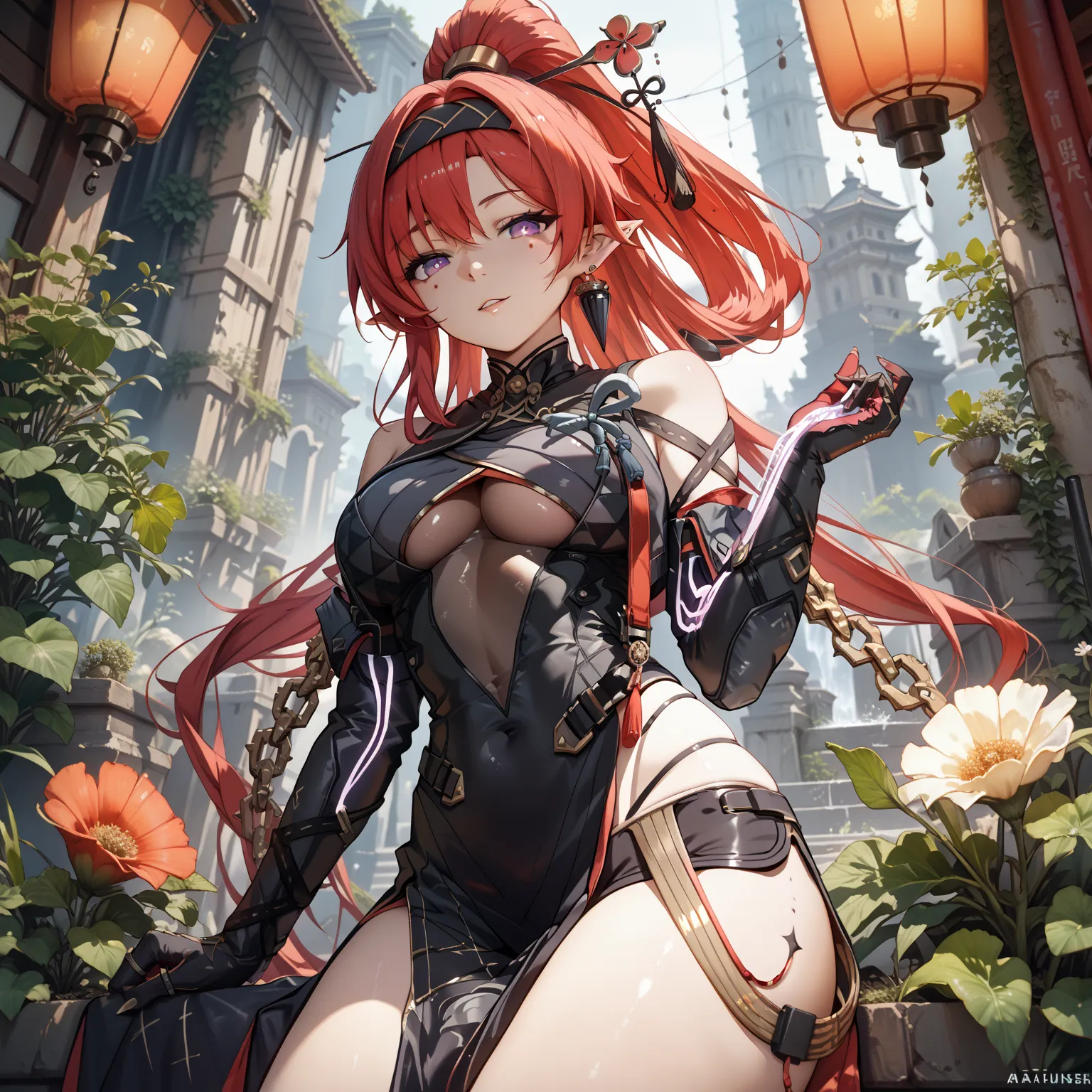 yinlin, purple eyes, pointy ears, red hair, absurdly long hair, high ponytail, hairband, hairpin, tassel, earring, mole, mole under eyes, katsuyamamage, detached sleeves, bare shoulders, black bodysuit, black gloves, black shorts, bodysuit, covered navel, ...