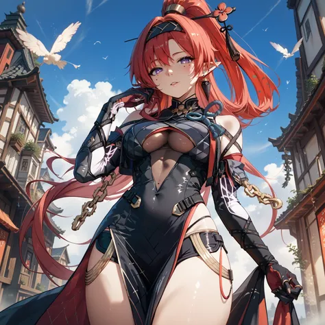 yinlin, purple eyes, pointy ears, red hair, absurdly long hair, high ponytail, hairband, hairpin, tassel, earring, mole, mole under eyes, katsuyamamage, detached sleeves, bare shoulders, black bodysuit, black gloves, black shorts, bodysuit, covered navel, ...