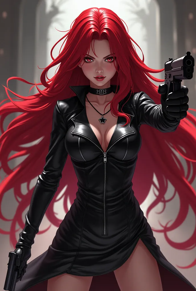 Beautiful girl with long hair, red and wavy, full body, vampire leather dress, two guns in hand,  action pose , drawn in anime style