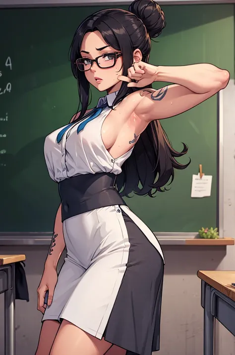 Tattooed female teacher , muscular arms , teaching class , in the classroom, displaying armpits,  sweaty and detailed armpits  , succulents,  teacher clothes, She gestures pointing to the blackboard, glasses, Tied bun 
