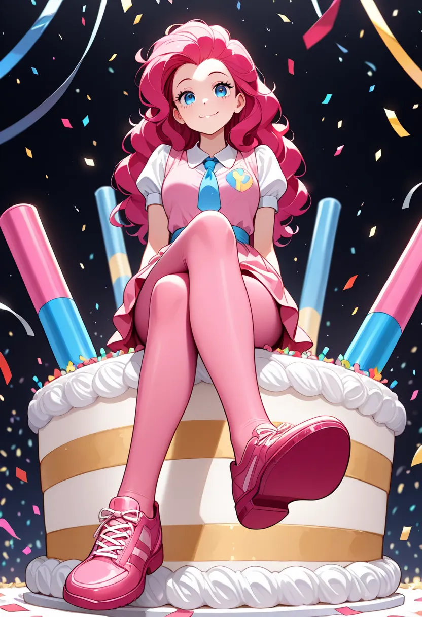 pinkie pie, humanized, foot focused, crossed legs, shoes, pink pantyhose, sitting on cake, confetti, party cannon