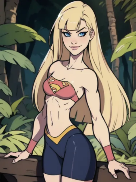 supergirl, light blonde, very long loose hair, voluminous floaty parted in the middle bangs, slim face, big blue eyes, small nose, blonde eyelashes, dark eyeliner, light pink thin lips, thin body, slim arms, skinny complexion, ripped eight-pack abs, bubble...