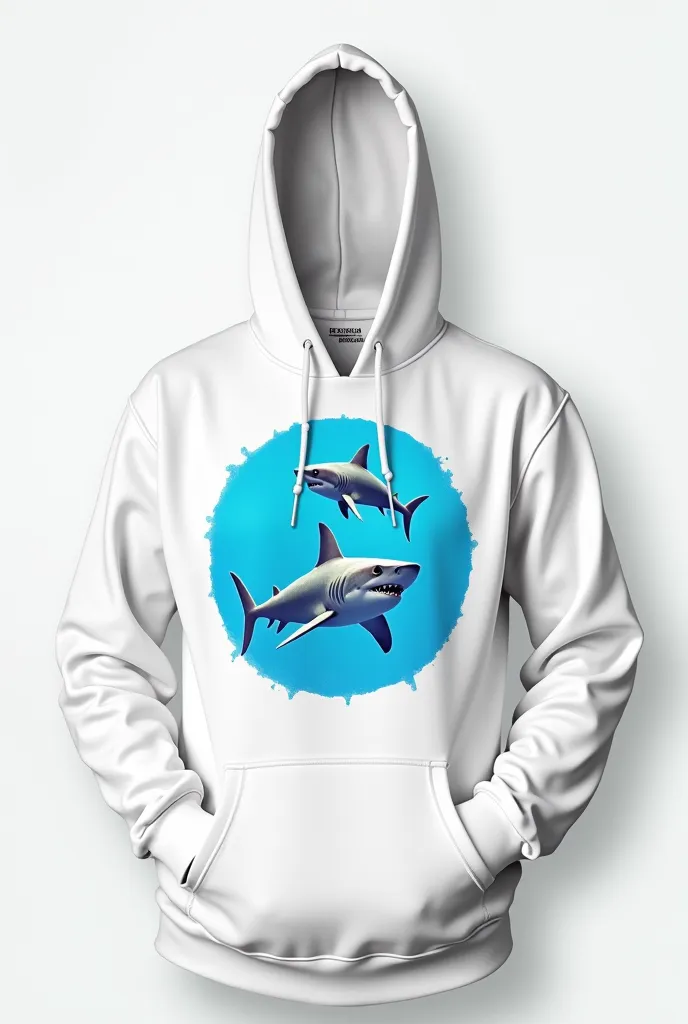 white hoodie , blue circle in the middle with two sharks inside ( one slightly larger than the other)