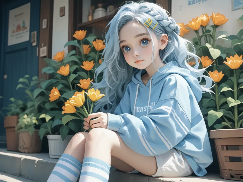 (masterpiece,best quality:1.2),solo,cute girl holding tulips\(Human Ear, French braided hair , hairpins,light blue hair, long hair,  fluffy hair, French braided hair  on top,white skin, big eyes ,blue eyes, no nose  , small mouth,blue shoes\), clothse \(li...