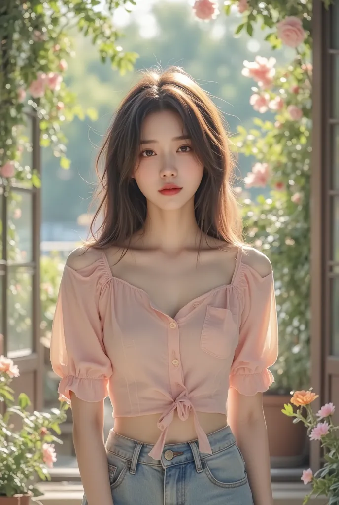 A beautiful Asian girl wearing a pastel pink drawstring sleeve shirt , Sunday Night Aufit Jeans, with girly hair. is standing in front of the door of a glazed house with a flower garden around it. 