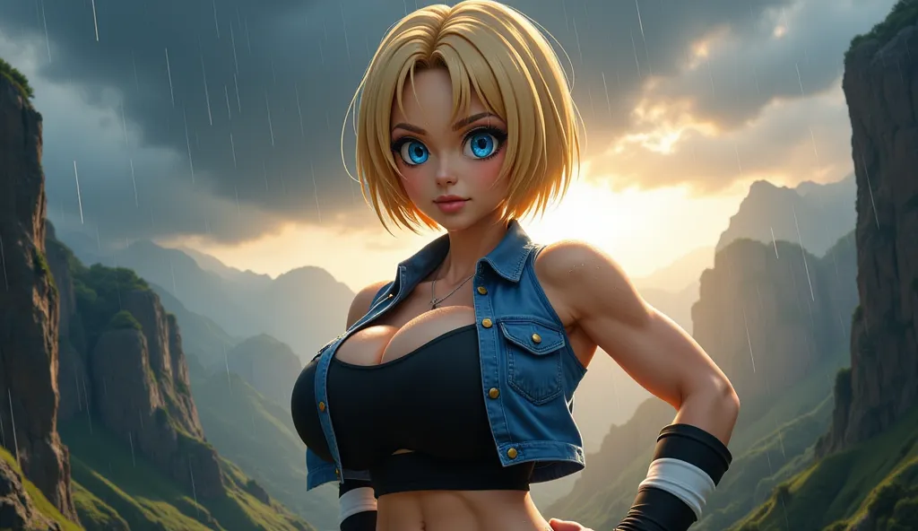 A hyper-realistic, cinematic medium shot of Android 18 from Dragon Ball Z, viewed from an over-the-shoulder perspective. She stands confidently on a rocky plateau under a stormy Dragon Ball-style sky, with swirling dark clouds and soft golden light breakin...