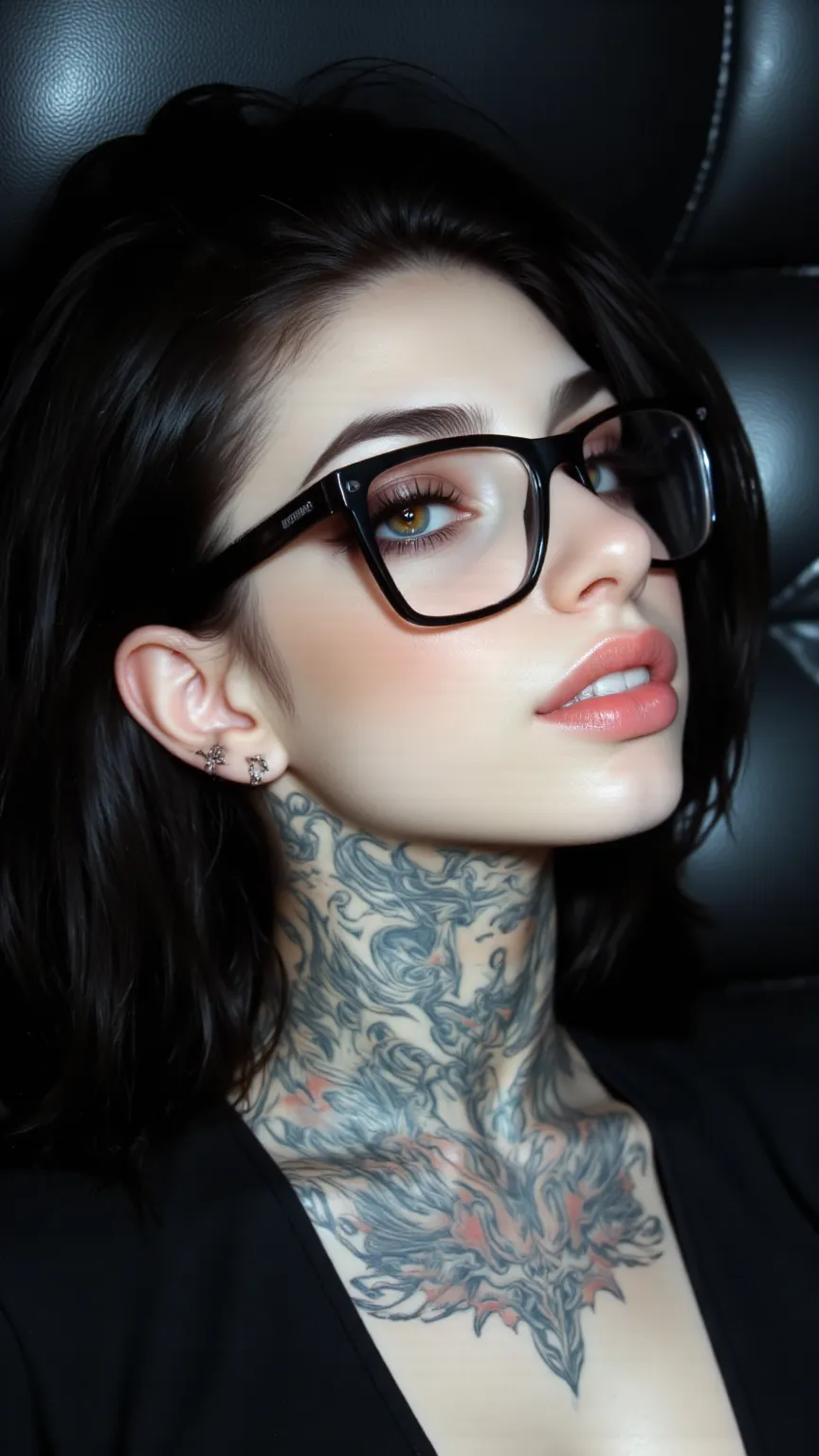 ((a woman with tattoos on her neck and face, Beautiful face of a cyberpunk girl, great digital art with details,  she wears rectangular black rimmed glasses you can see the reflection in the glasses of the glasses :1.5)),laying in a couch, wearing a mini b...