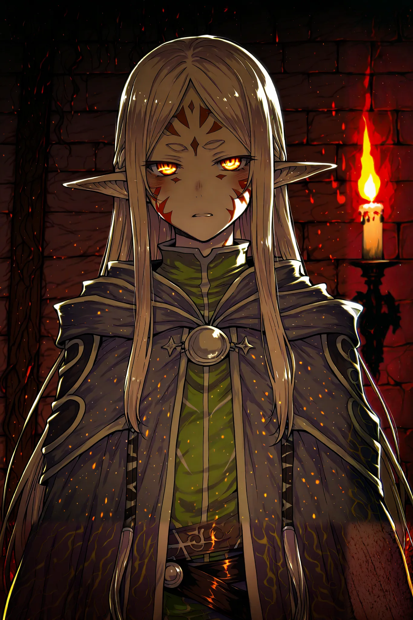 Elf Young wizard with burning eyes, runic facial marks. Plan to resist Sylmara.  
   - **Framework**:  American Flat, highlighting a challenging stance in the Conclave.  
   - ** lighting**:  flickering candlelight , accentuating a determined expression.  