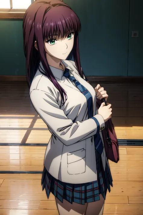  black blazer ,smile face,  blazer uniform,赤 purple hair, green eyes , Jewel-like Eyes, 超 High Resolution, ((( green eyes))),赤 purple hair, beautifulアニメ高校の女の子,(  masterpiece:1.2, 最 high quality ), (  exists, photo  exists:1.4), beautifulイラスト, ( natural lig...