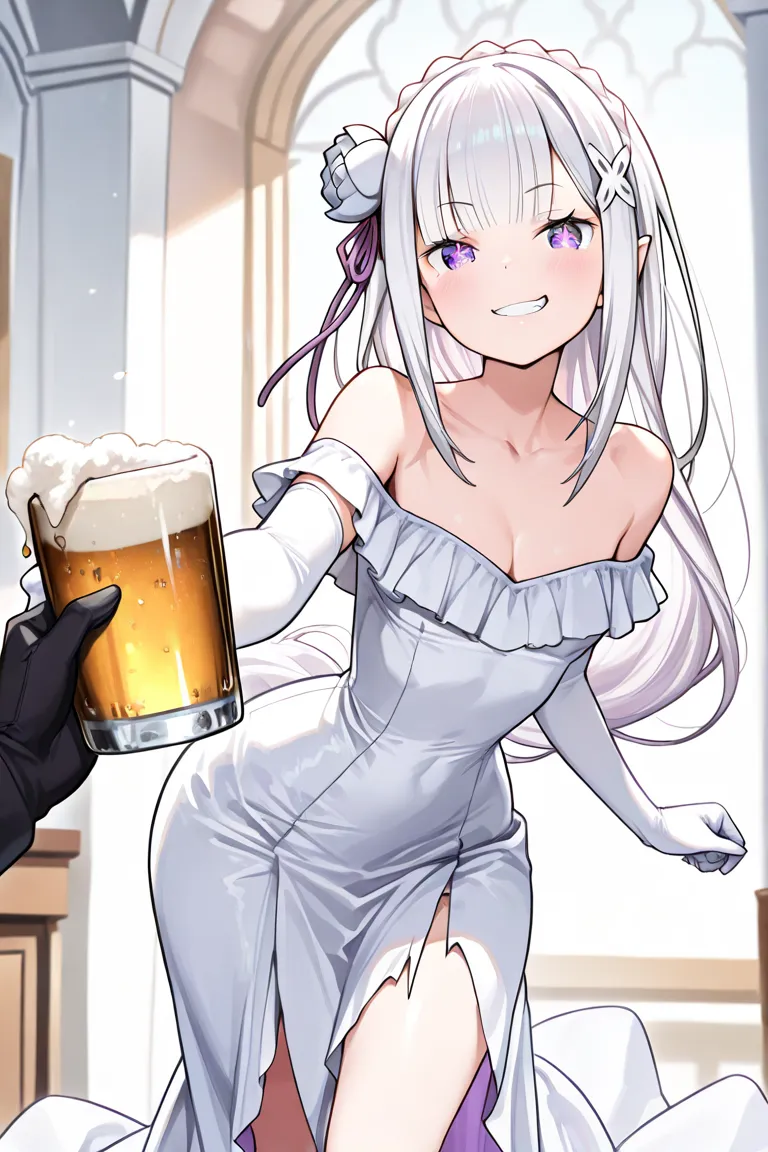  (masterpiece:1.2), (best quality:1.2), newest, intricate details, perfect anatomy,  1girl :1.2, (Emilia (re:Zero):1.2), ((plain white wedding dress:1.1, long dress:1.2, off-shoulder dress:1.5, sleeveless:1.3, front slit:1.3, torn dress skirt:1.4, white el...