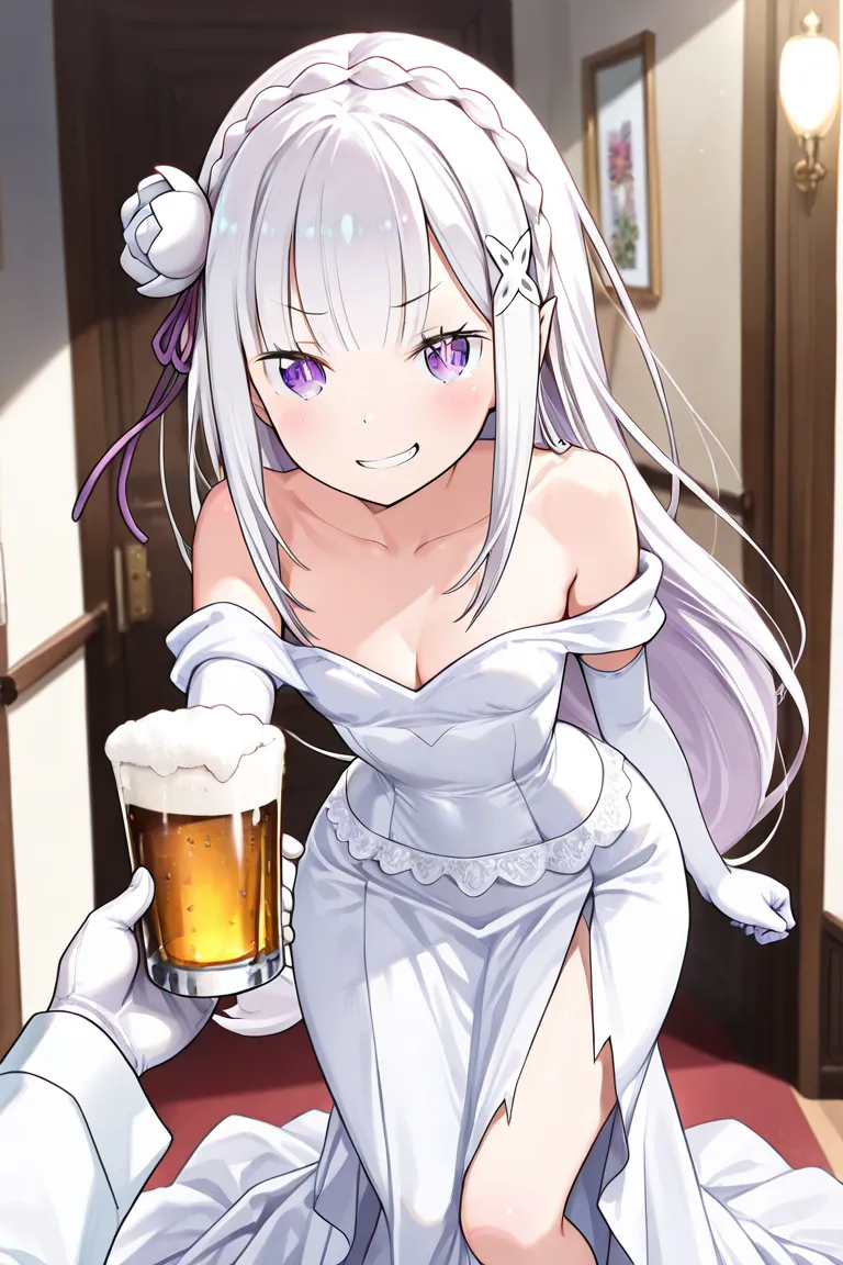  (masterpiece:1.2), (best quality:1.2), newest, intricate details, perfect anatomy,  1girl :1.2, (Emilia (re:Zero):1.2), ((plain white wedding dress:1.1, long dress:1.2, off-shoulder dress:1.5, sleeveless:1.3, front slit:1.3, torn dress skirt:1.4, white el...